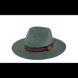 COPY - Bee Coral decorated green and red band straw fedora hat.
